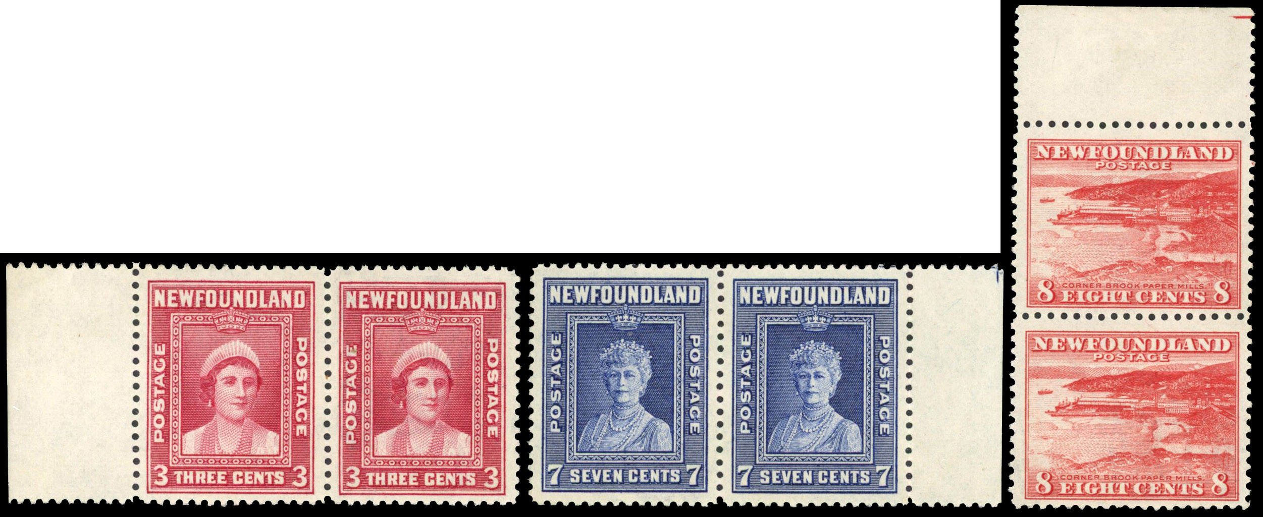 Newfoundland SG 278a, 281-2a 3c, 7c, 8c with/without wmk pairs mint