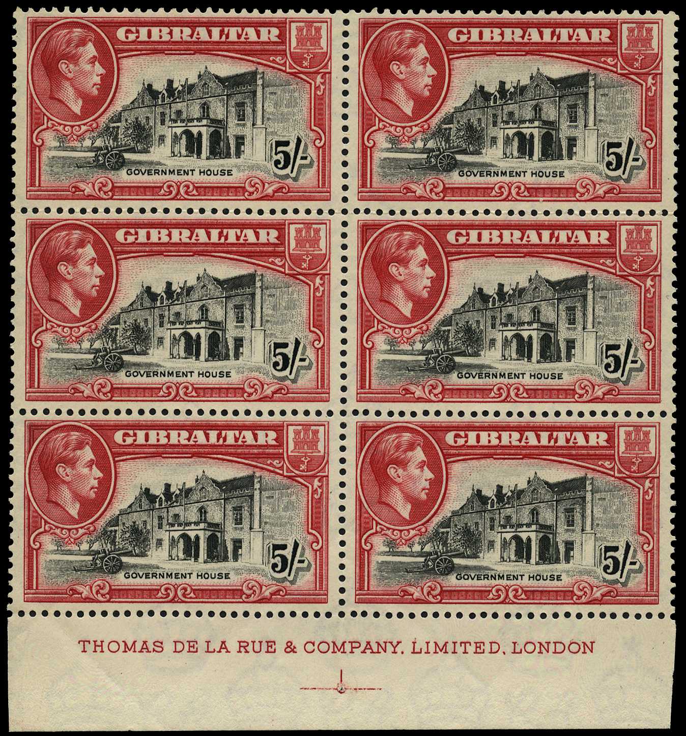 1938 5/- black and carmine perf 13½,...