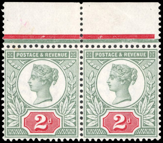 GB 1887-92 2d grey-green and carmine pair from Setting 2, SG 200var