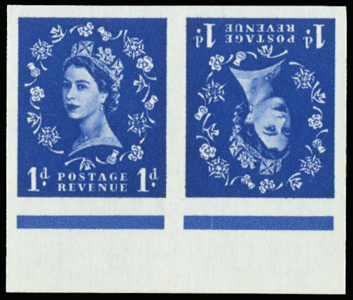 GB 1955 1d Ultramarine (Wmk. St Edward's Crown). Superb unmounted o.g imperforate bottom marginal… SG541var