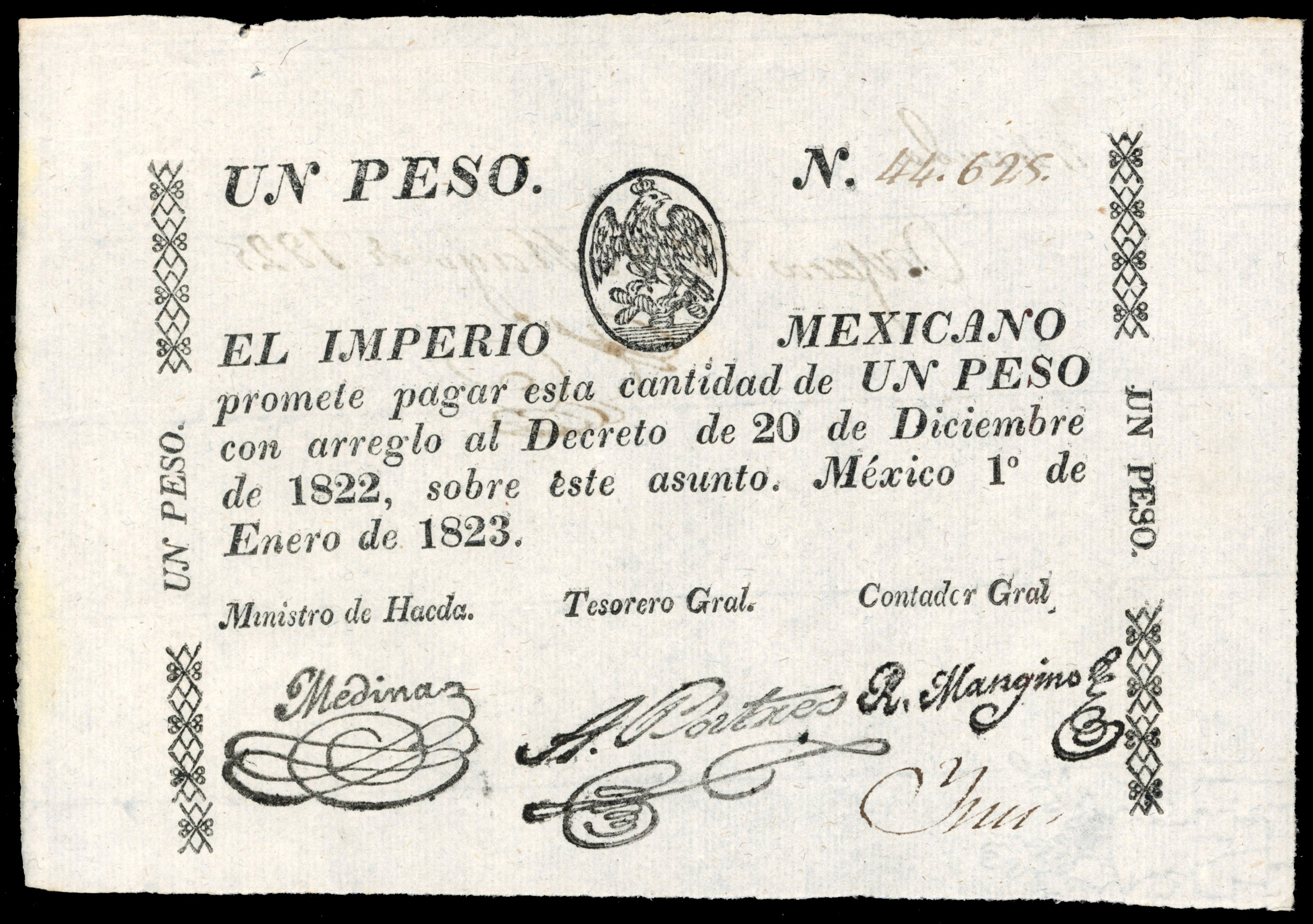 Mexico, El Imperio Mexicano, One Peso, 1 January 1823, no. 44625, Mexican arms middle top, ink on rev. (Pick 1…