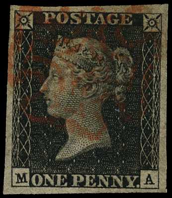 1840 1d black Plate 6 (MA), four close to...