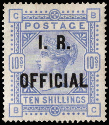 Great Britain 1885 10s Cobalt (White paper, I.R. Official). Very fine and fresh unused o.g. example of this rare d…