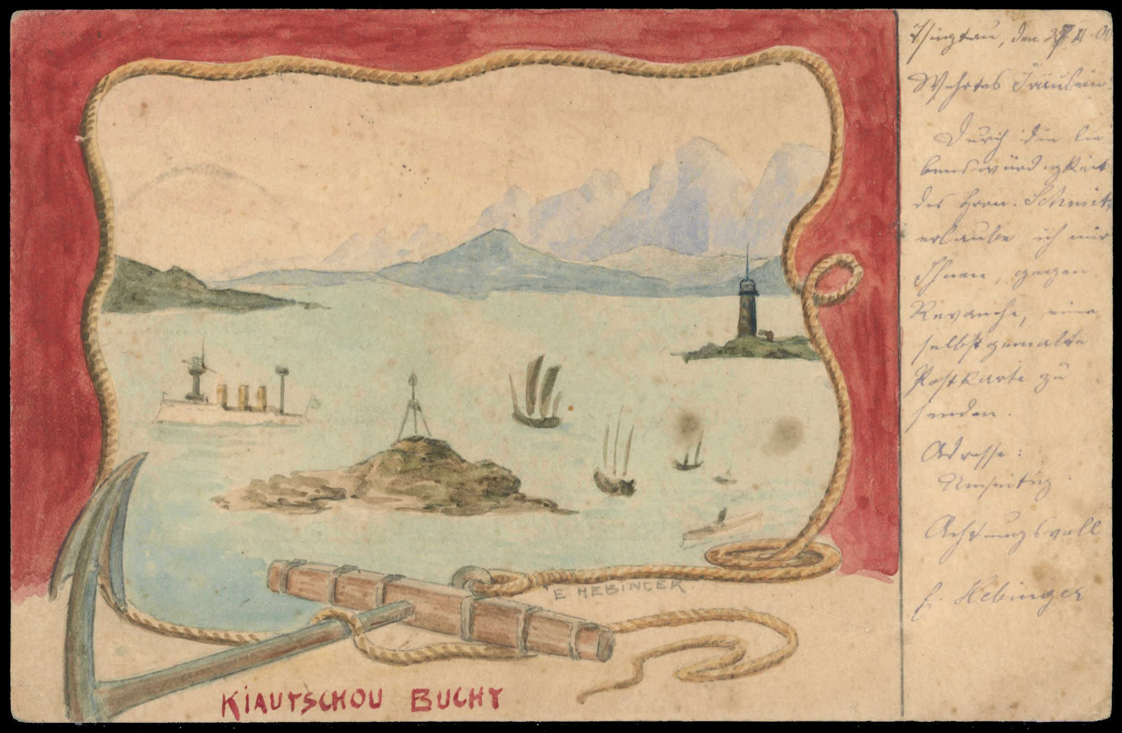 China German Kiaochow 1901 hand-painted stampless postcard