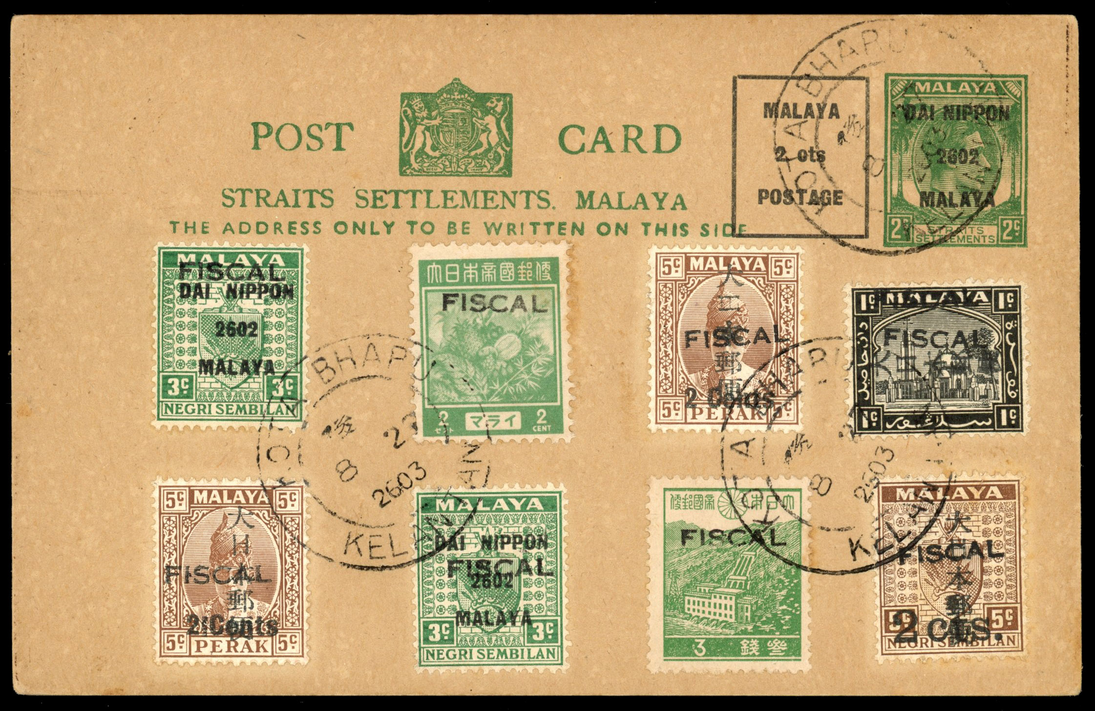 Jap Occ Kelantan 1943 FISCAL chops on various stamps used on card