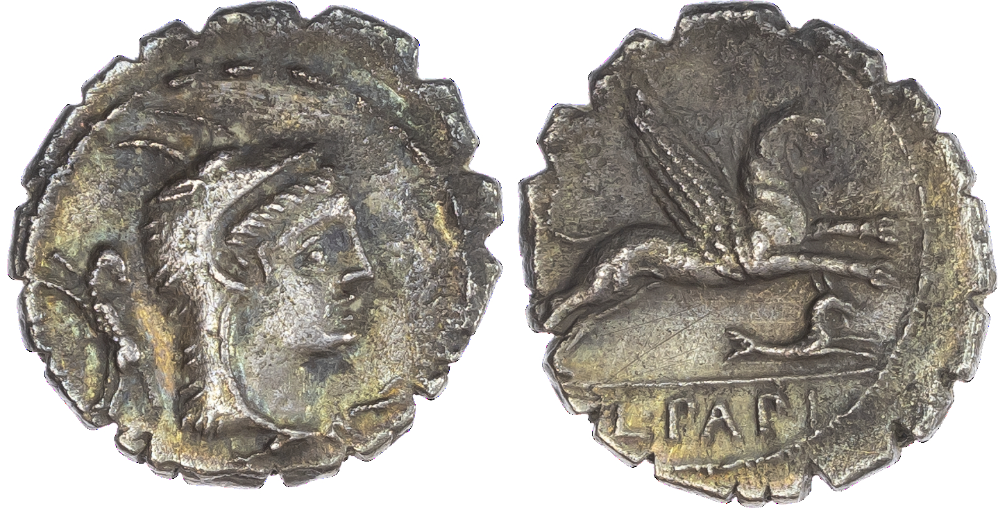 C. Papius (79 BC) AR Denarius Serratus, Rome, 3.46g. Head of Juno Sospita facing right, ram behind. Rev. Griffin leaping