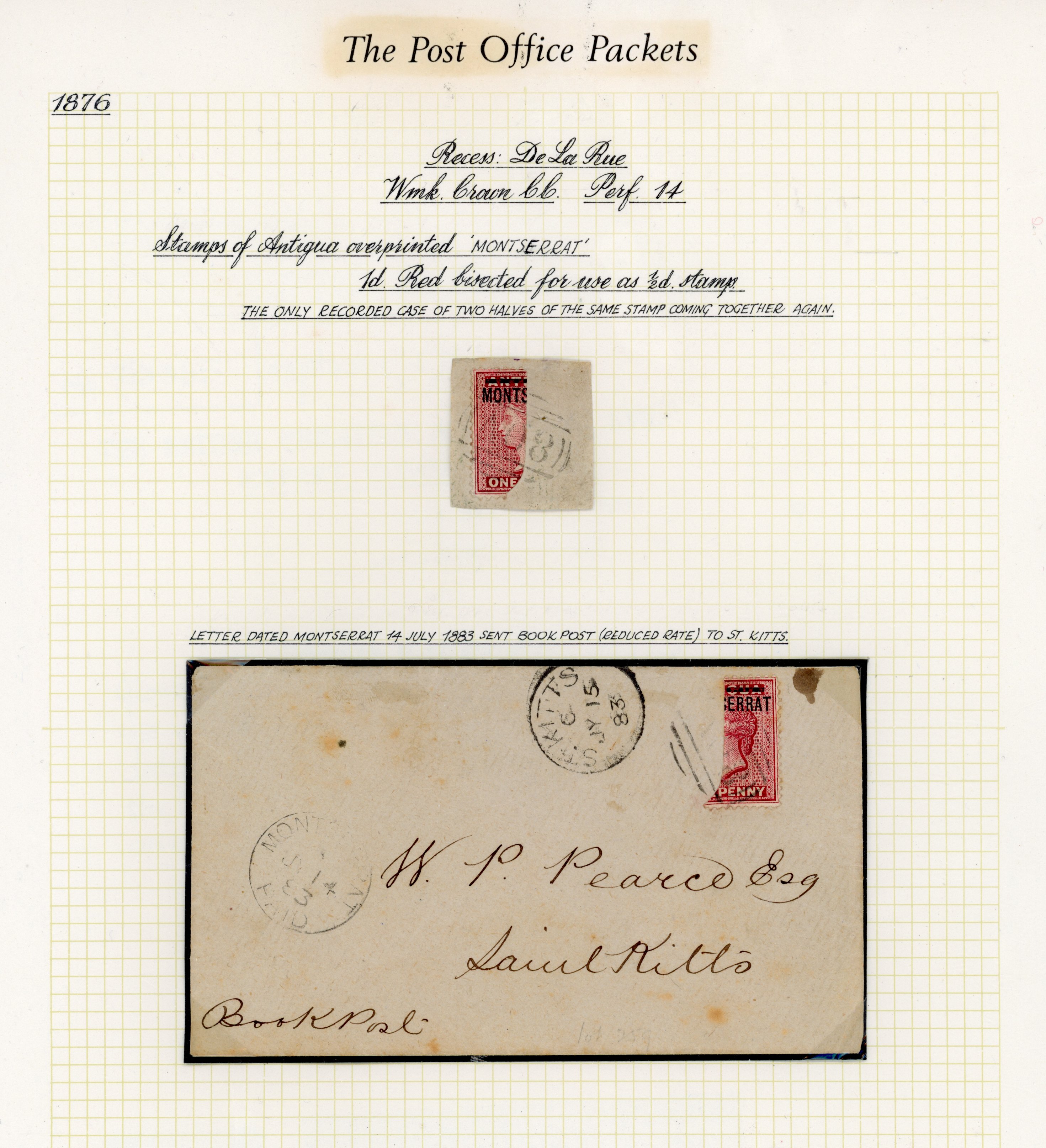 Montserrat SG 1a 1d (½d) bisected and reunited pair on piece and cover.  