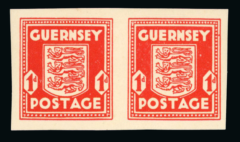 1941 1d Scarlet, Guernsey ‘Arms’ issue. Unused o.g. imperforate horizontal pair. 