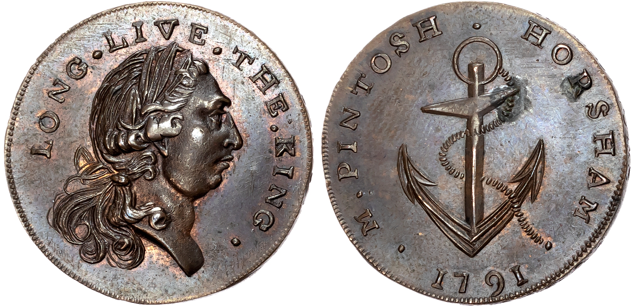 Suss . Horsham , M. Pintosh , Skidmore’s Halfpenny 1791, Bust right of George III, rev . Anchor and cable, edge SKIDMOR …