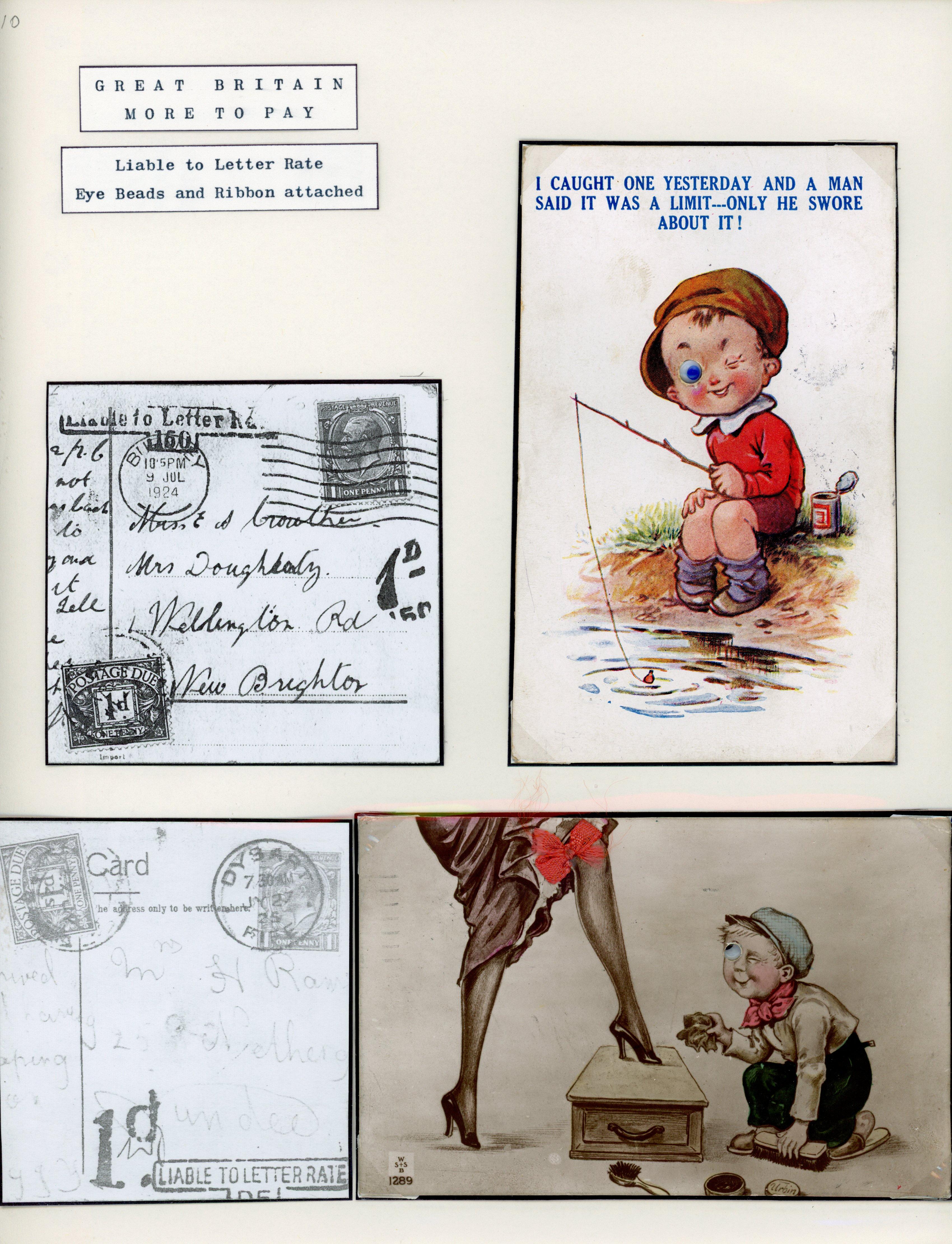 Great Britain 1924-25 pair of novelty postcards with beads and ribbon attached