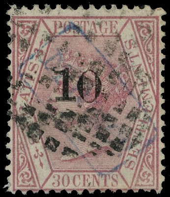 1880 (Apr.) 10 on 30c claret, surcharge Type (i), used with grid cancel and light blue firm's chop. Scarce. SG...