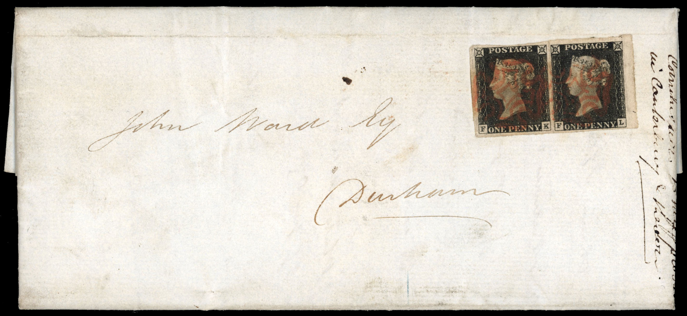 GB 1840 1d black, Plate 3 pair (FK-FL) on cover to Durham