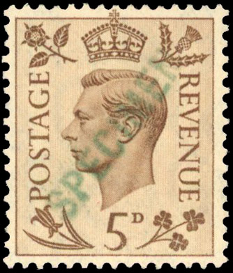 1938 5d Brown with SPECIMEN in green (SG469var)