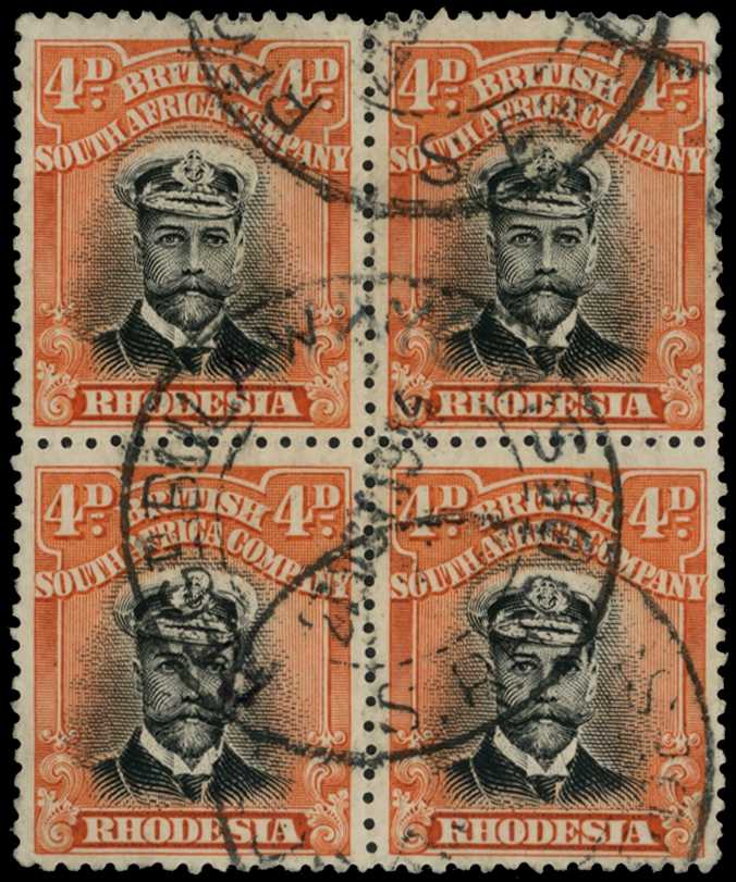 1913-7 4d Head Die I, perf 14. Used block...