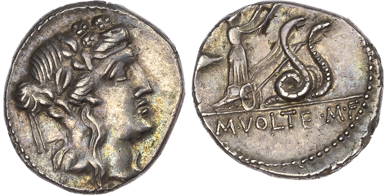 M. Volteius M. f. (75 BC) AR Denarius, Rome, 3.89g.