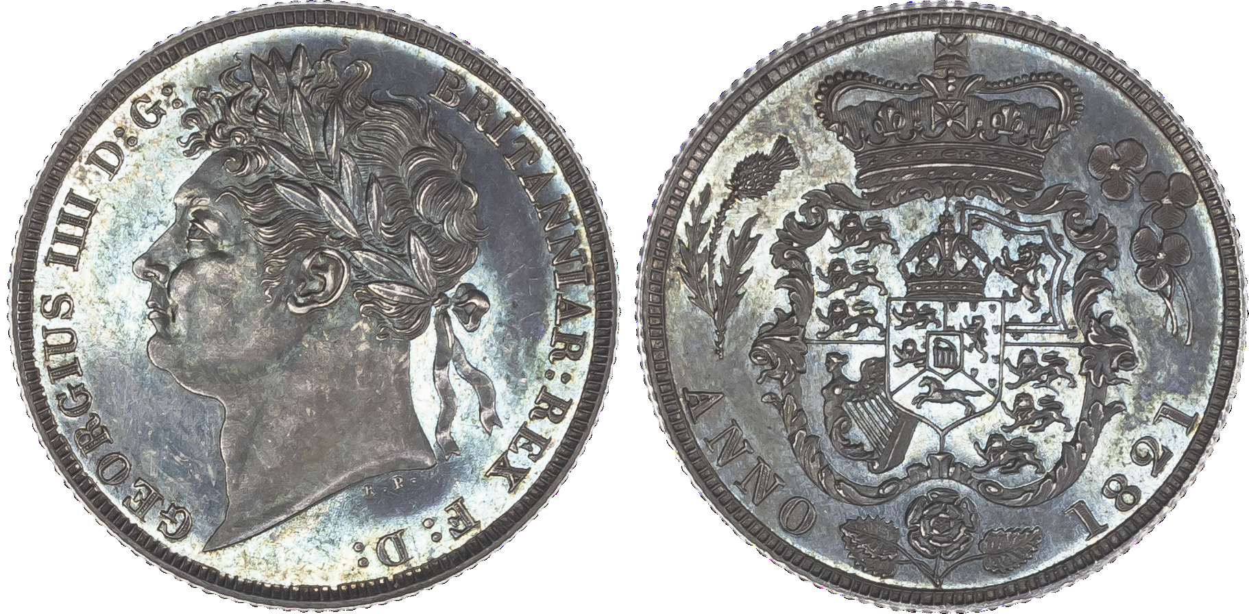 George IV (1820‑30), Proof Shilling, 1821, laureate head left, B.P [Benedetto Pistrucci] below neck, legend reads GEORGIUS