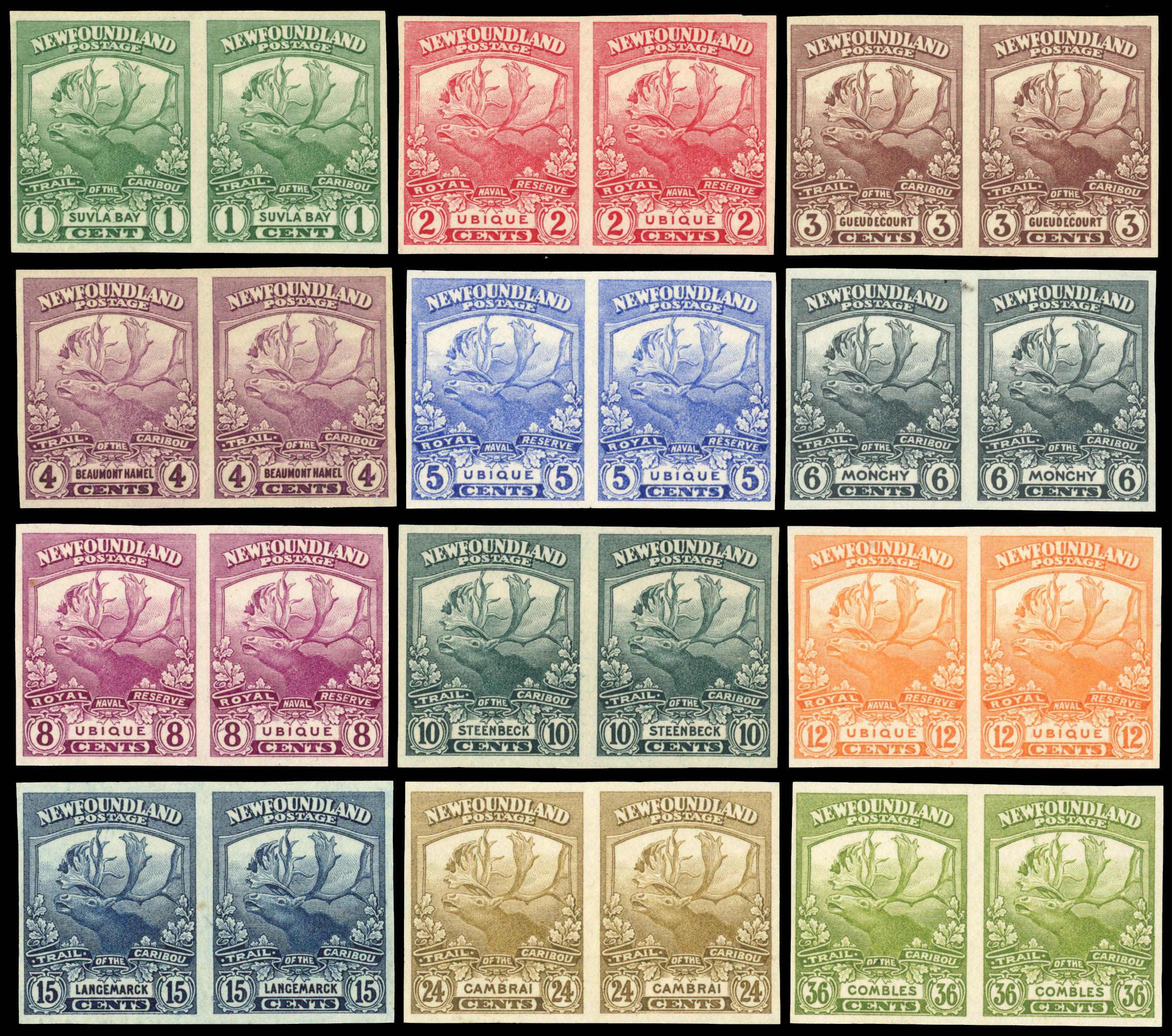 Newfoundland Contingent 1919 Caribou Issue IMPERFORATE PAIRS complete set unused S.G. 131/41var