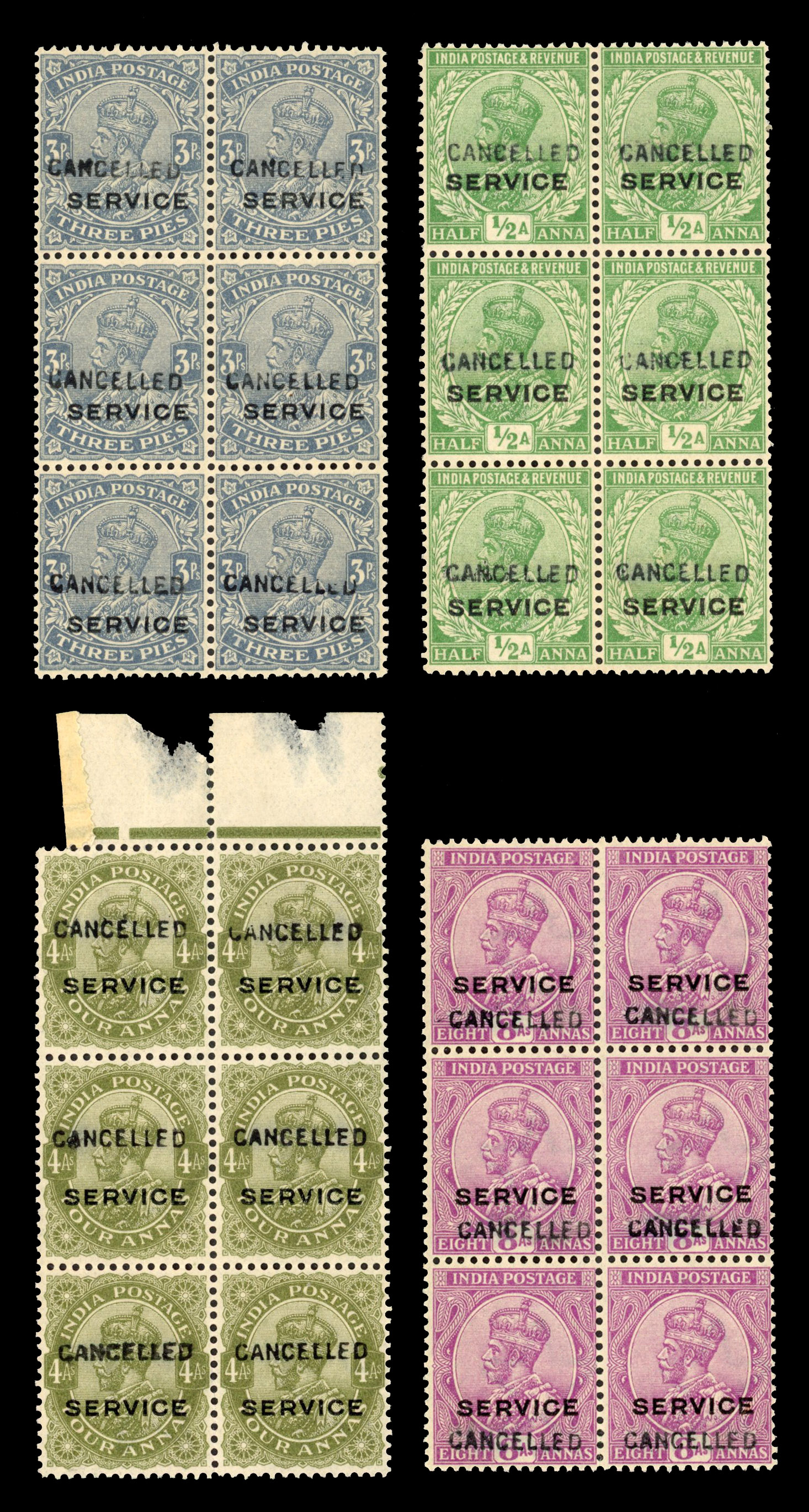 India Official SG O73,O76,O85 & O89 in blocks of 6 optd GB CANCELLED