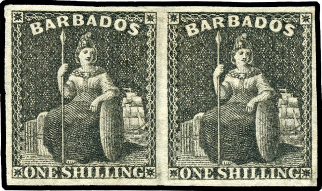 1858 no wmk 1s black, horizontal pair imperf with good even margins, fresh large part og