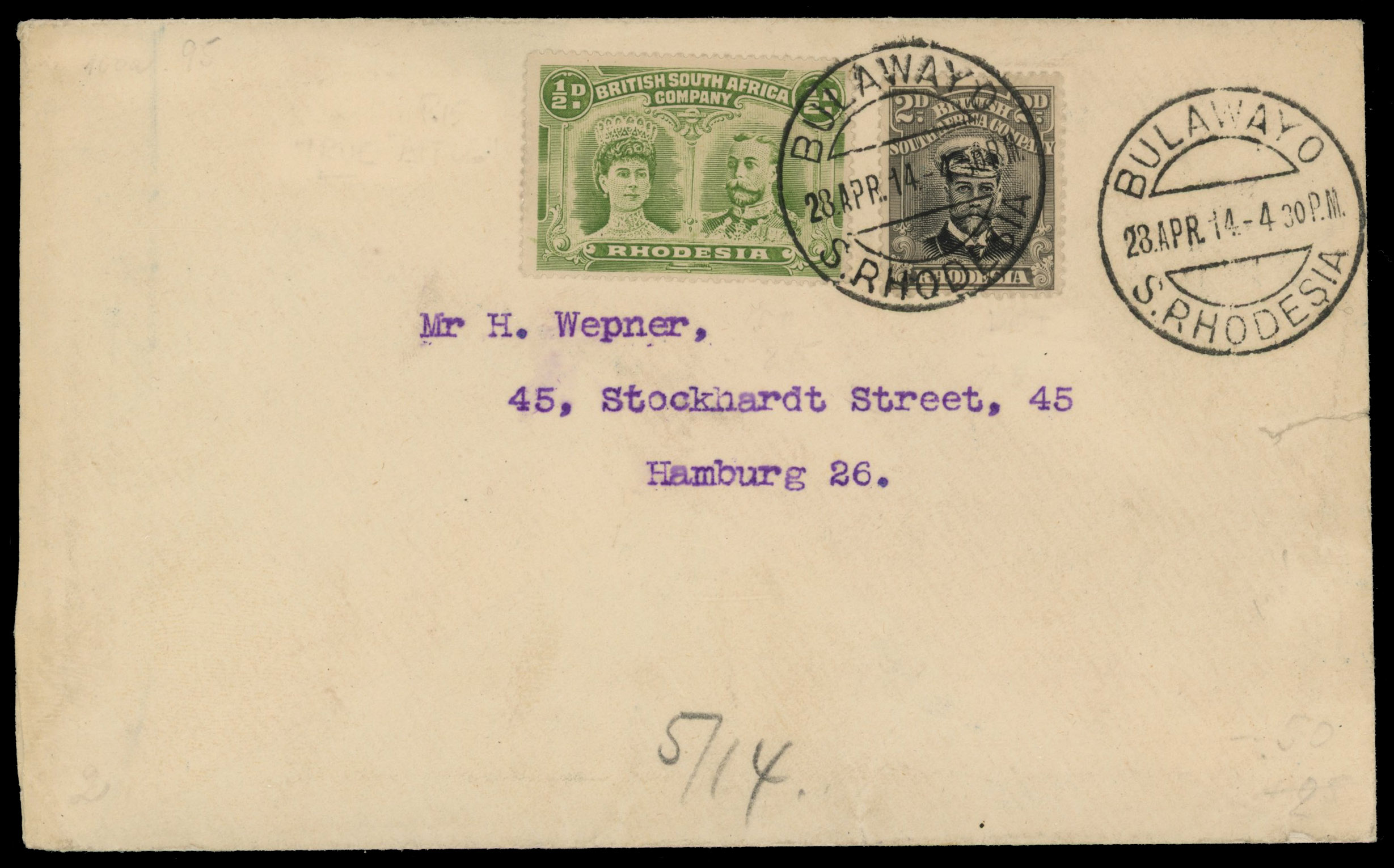 Rhodesia 1914 cover to Hamburg with 2d Admiral and ½d Double Head