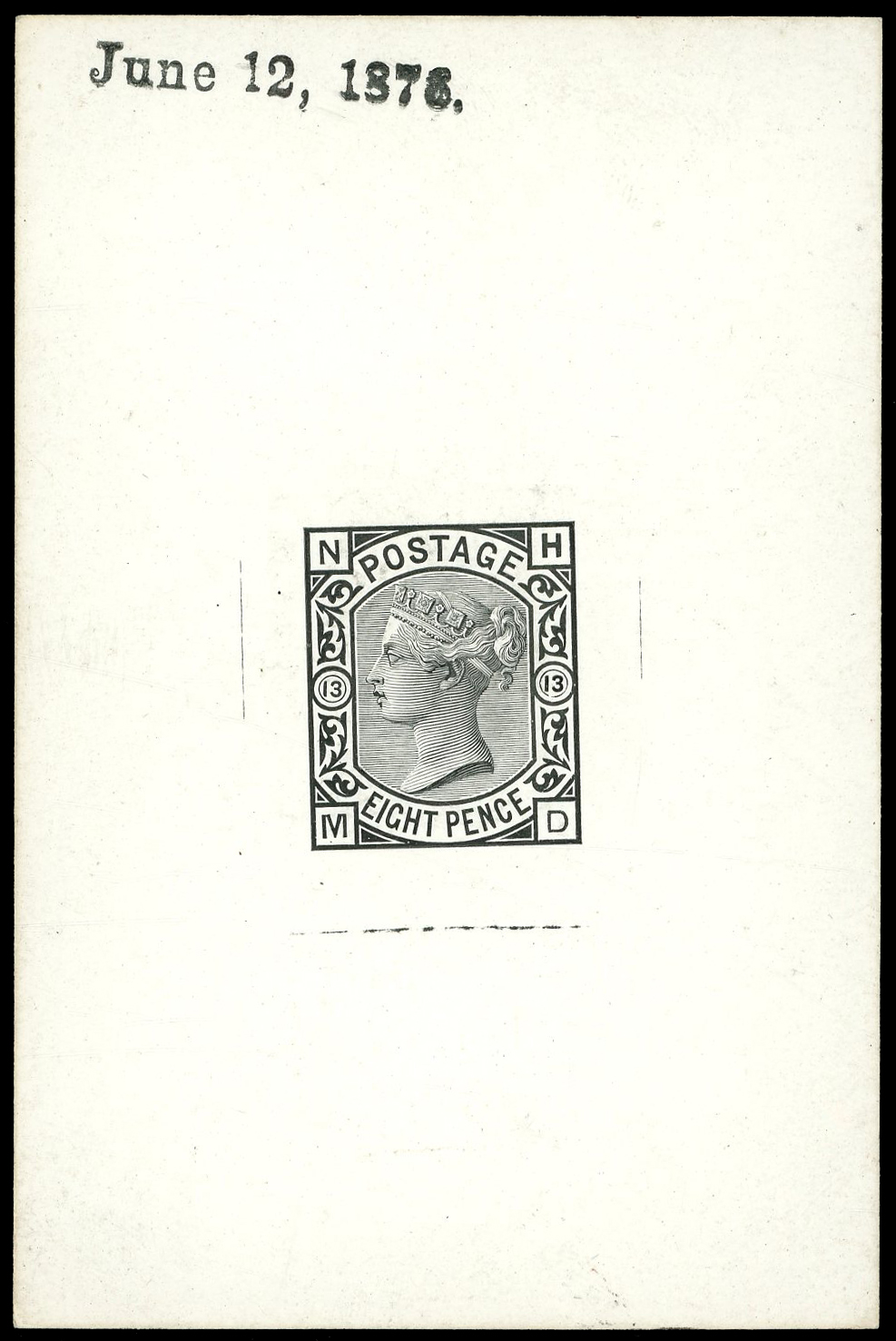 1873-80 8d, plate 13 (MD at foot and NH at top), vertical die proof in black on glazed card