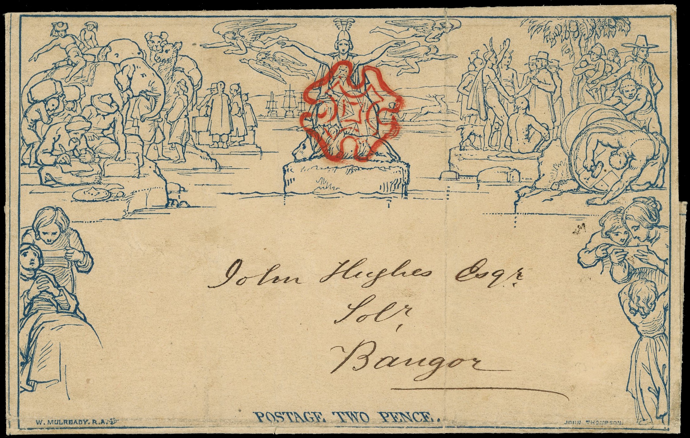 1840 2d Mulready lettersheet (Stereo a90), beautifully cancelled by crisp strike of a red Maltese Cross