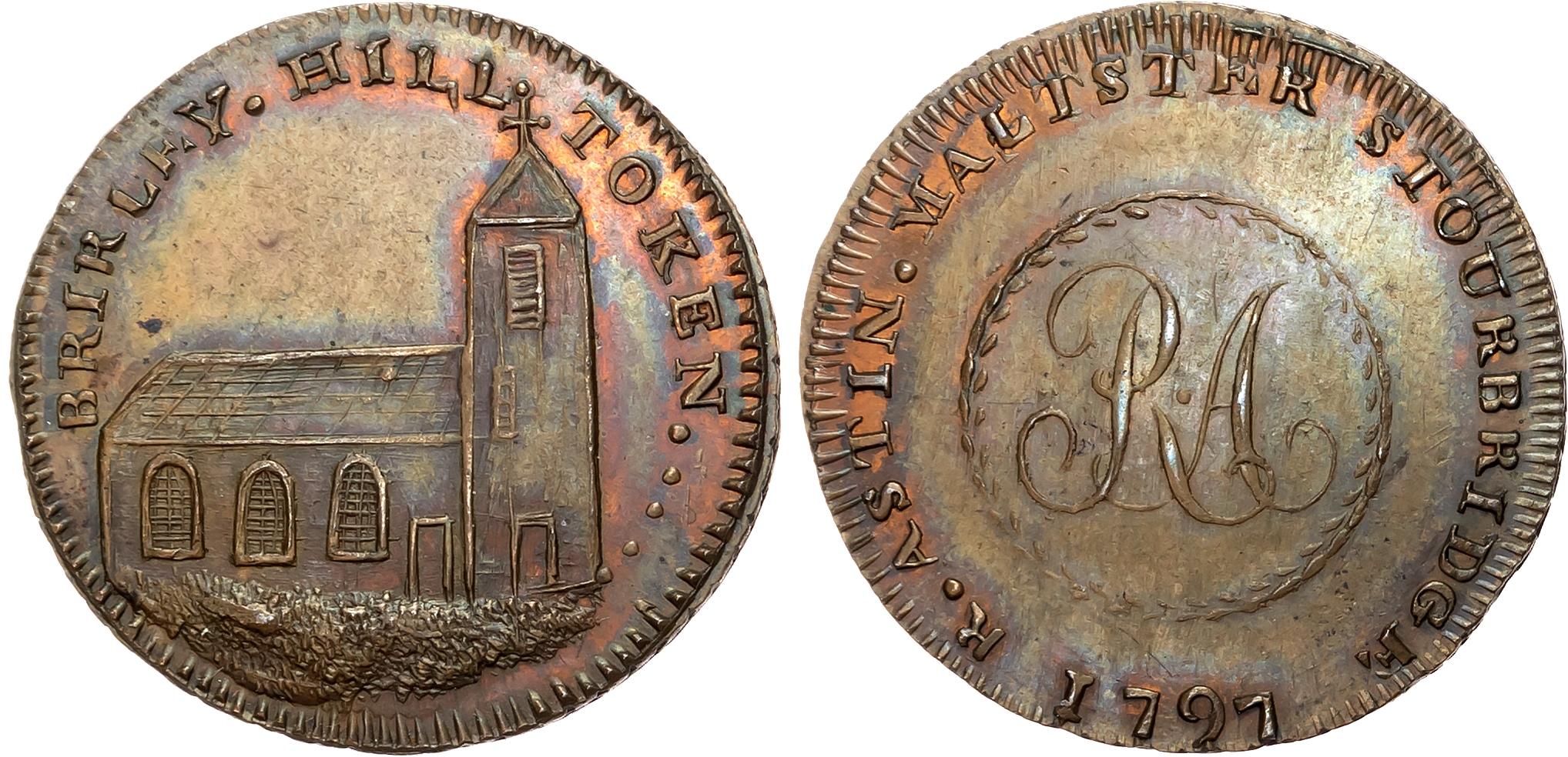 Worcs. Stourbridge , R. Astin, Skidmore’s Halfpenny 1797, View of St Michael’s Church, Brierley Hill, rev. RA cypher in  …