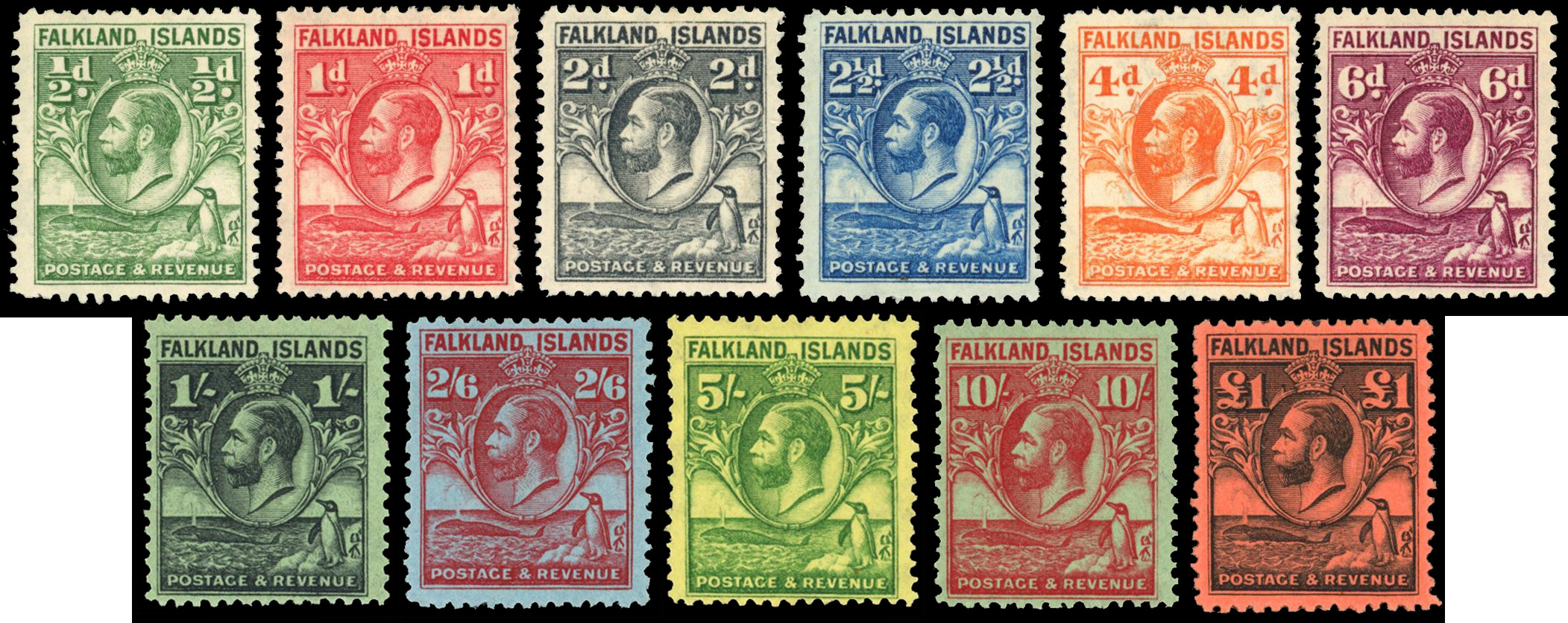 Falkland Is SG 116-126 1929 Whale and Penguin set mint
