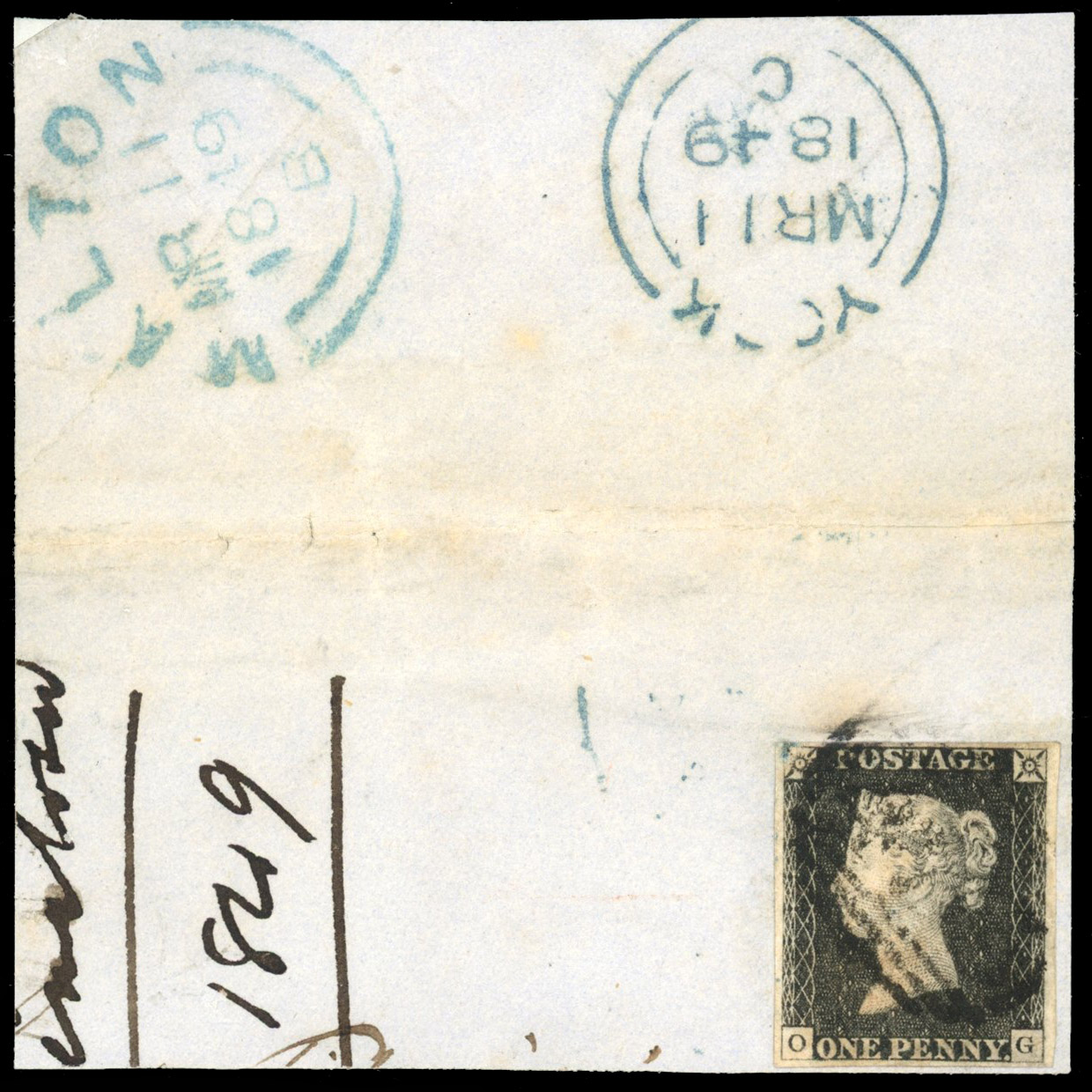 GB 1d black Plate 6 used on piece 1844 numeral type postmark 