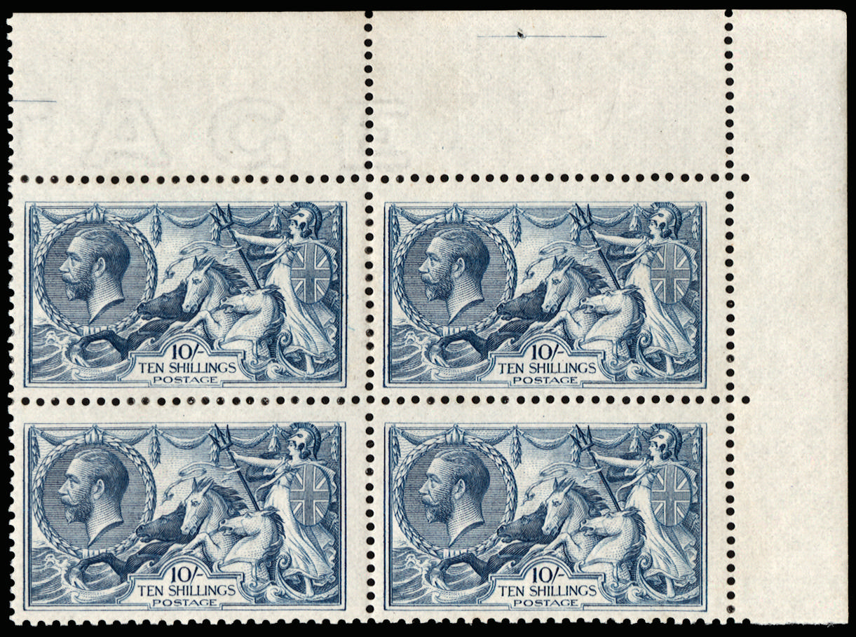 Great Britain 1919 10s Dull blue. Exceptionally fine and fresh unmounted o.g. top right hand corner marginal block…