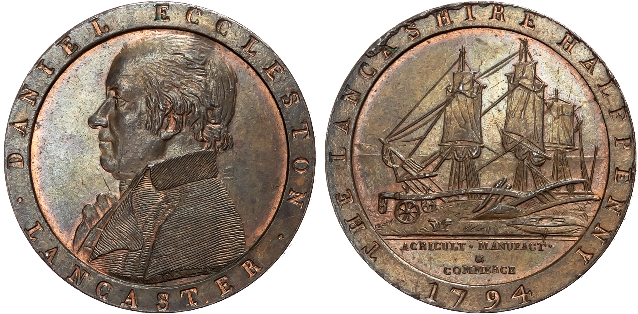 Lancs. Lancaster , Daniel Eccleston (retired West Indian and American merchant) Halfpenny 1794, Bust left of Eccleston, …