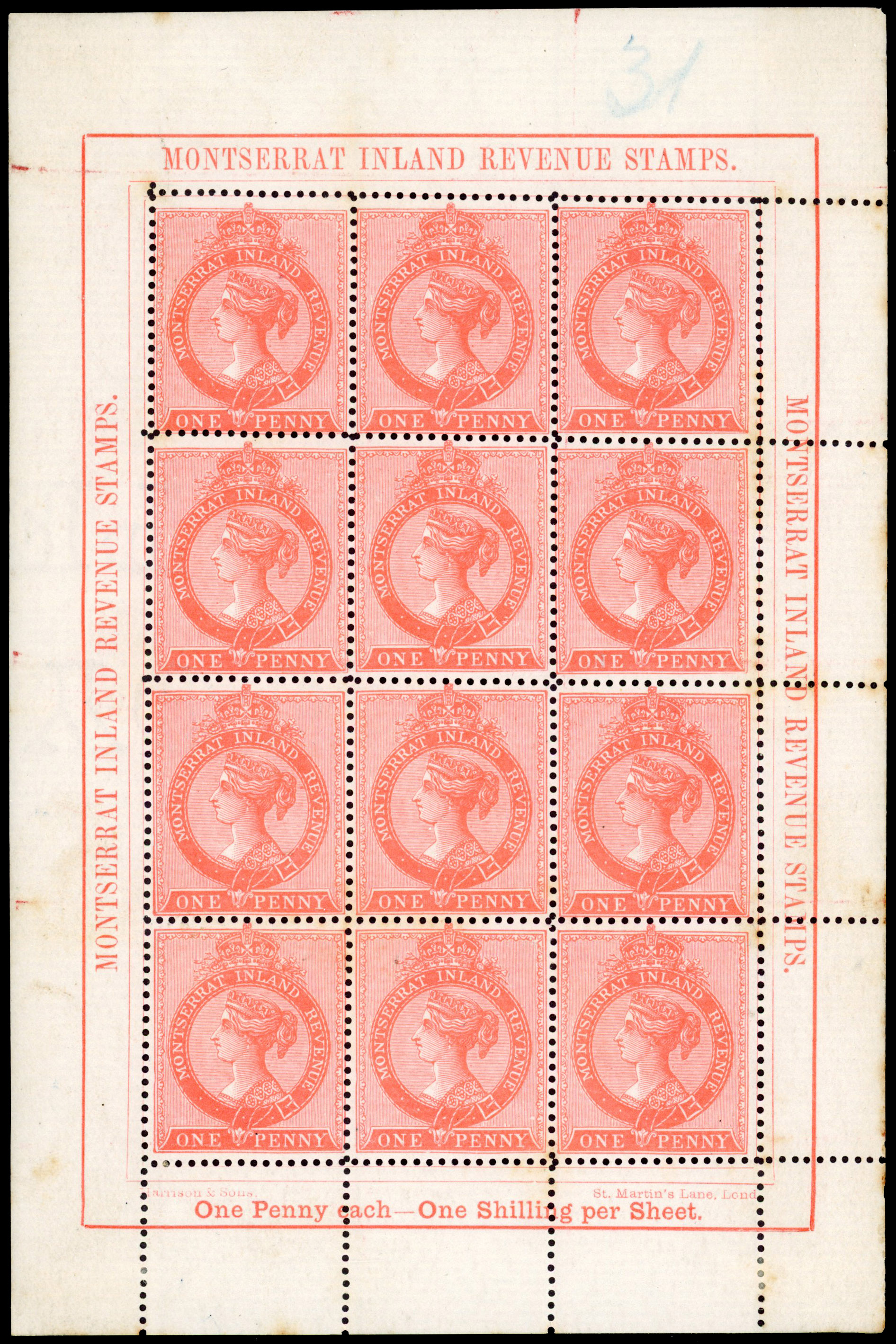 Montserrat Revenue 1d rose-carmine complete sheet 