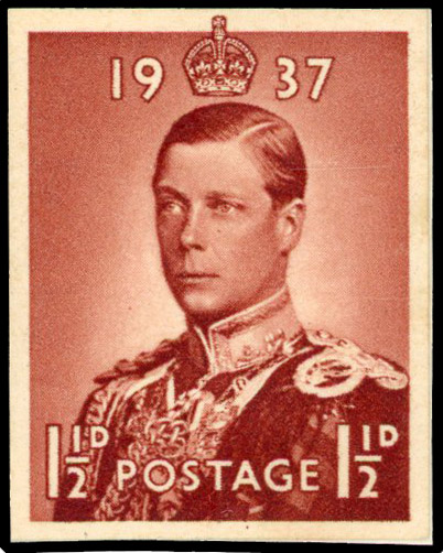 1936 KEVIII Coronation 1½d essay, imperforate mounted on thin card, printed in red-brown