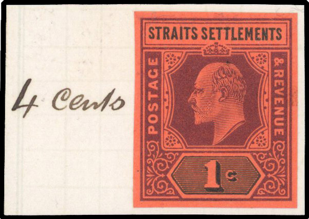 Straits Settlements 1901 KEVII 1c imperf colour trial in purple/red