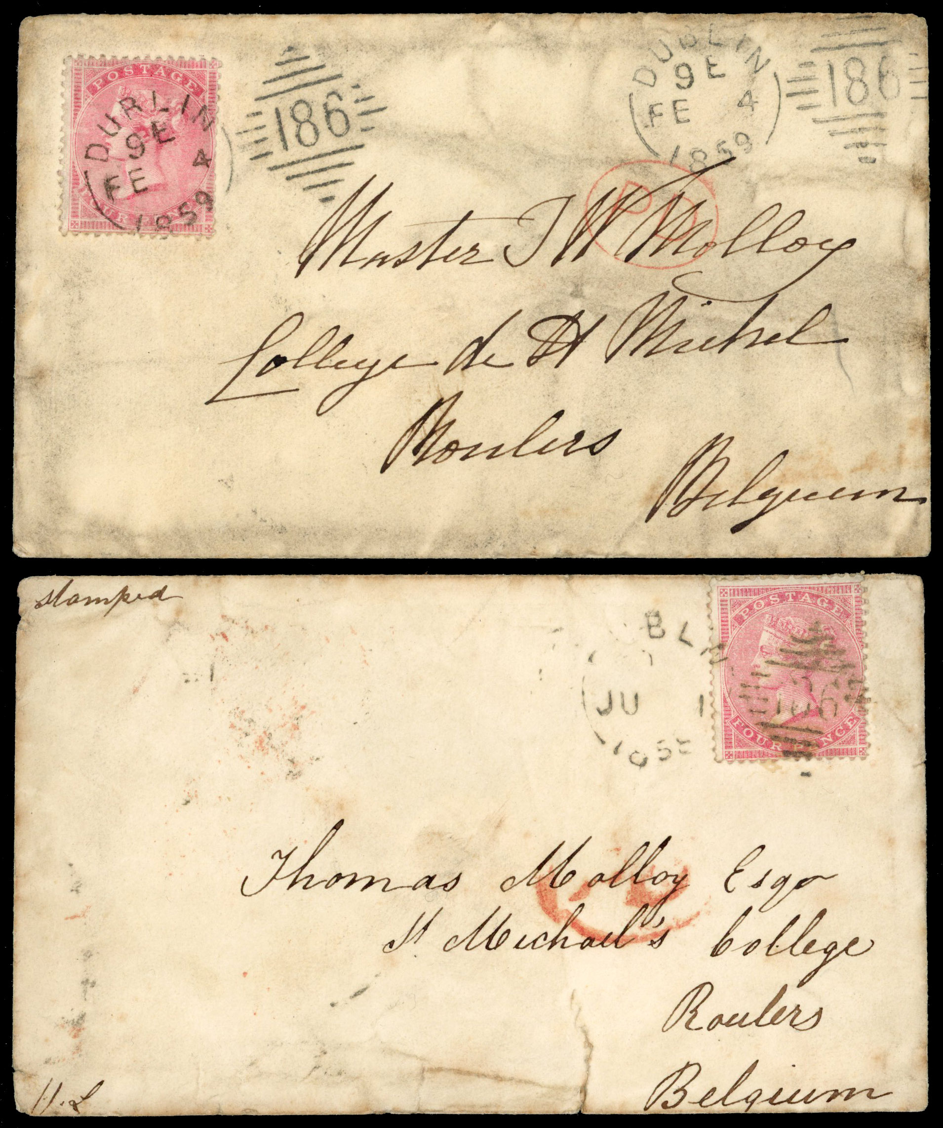 1858-59  four envelopes addressed to Belgium all bearing 4d rose-carmine and postmarked with Dublin duplexes