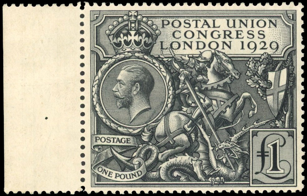 GB 1929 PUC £1 black, mint unmounted o.g., left marginal,