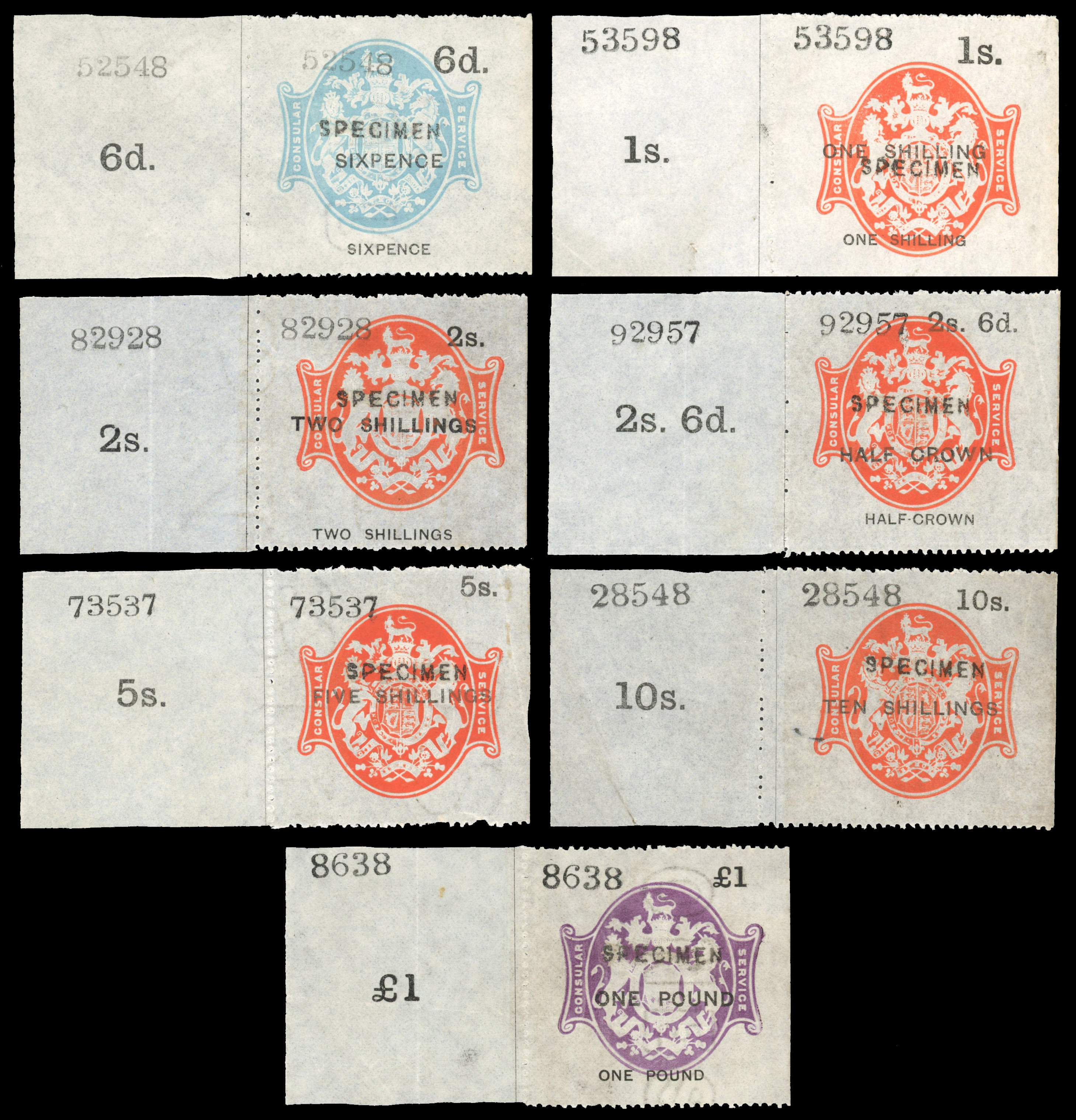 GB Consular Service Sterling set opt SPECIMEN Booth 1/7