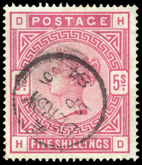 1884 5s Rose on blued paper. Very fine used example lettered HD cancelled by a Derby cds