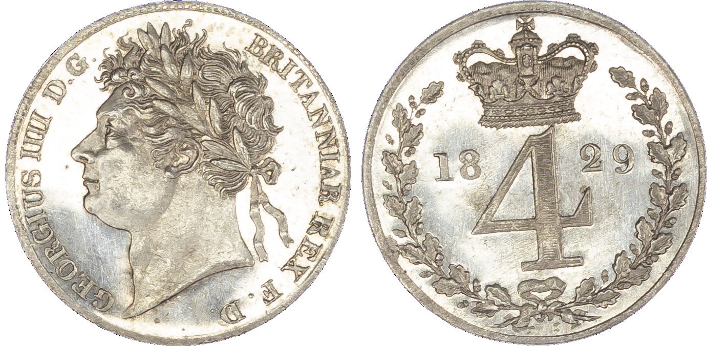 George IV (1820-30), Maundy Set, 1829, Fourpence, Threepence, Twopence, Penny, laureate head left, toothed borders, legend