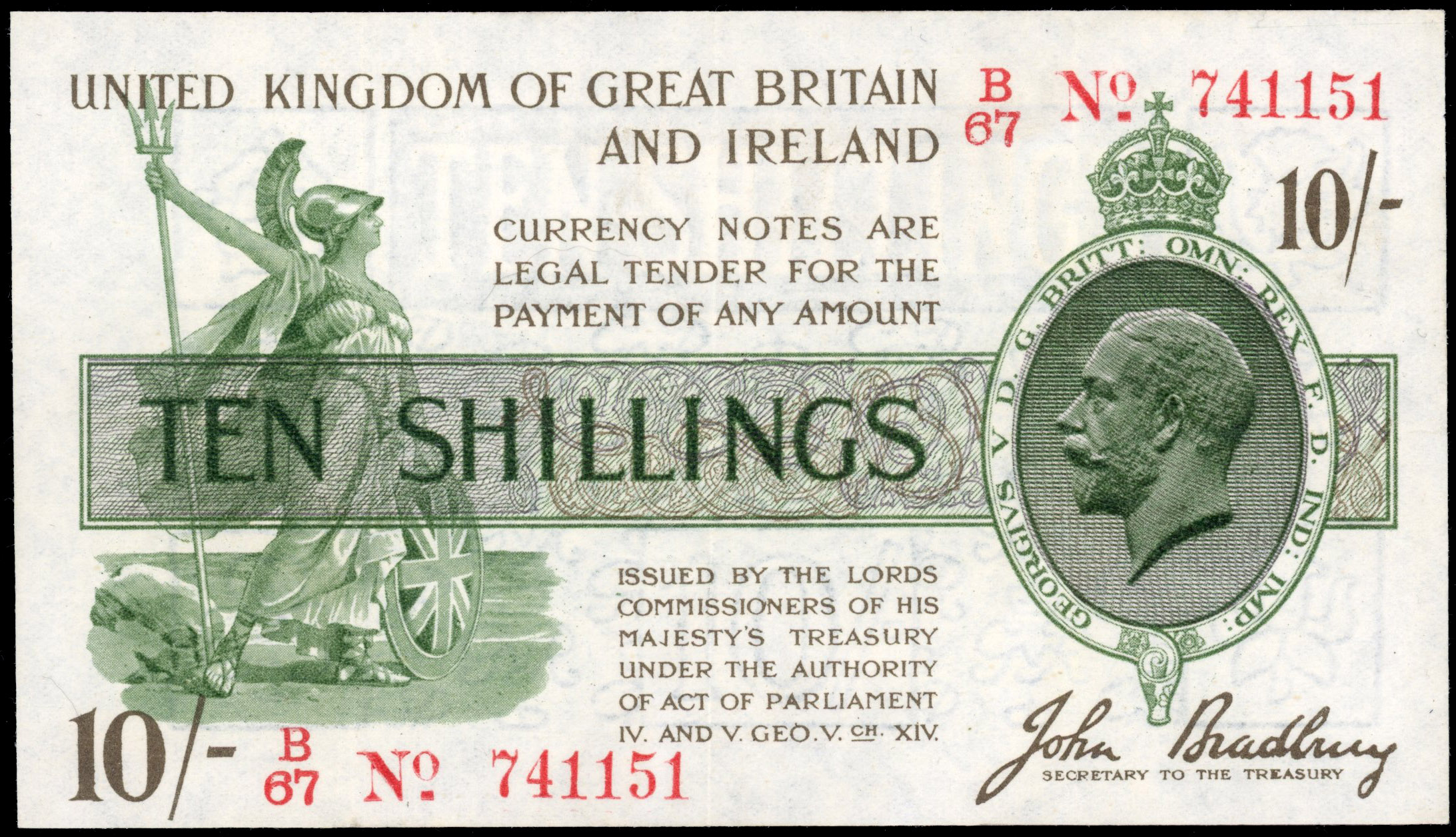 Third Issue, J. Bradbury, (third issue), Ten Shillings, Dec. 1918, B/67 741151 in red, (Dugg. T20). Traces of …
