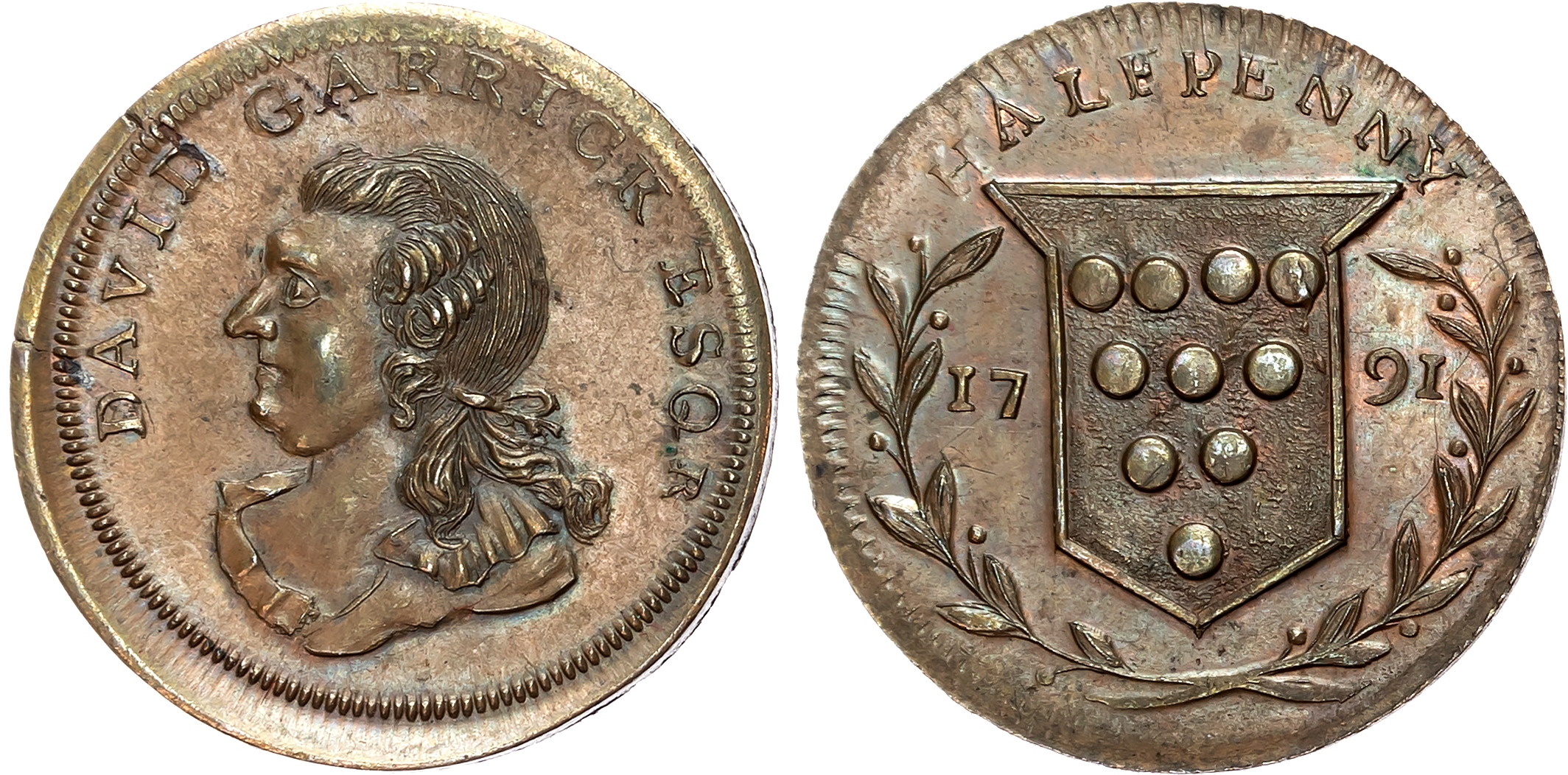 Worcs. Kidderminster , T. Santer, Skidmore’s Halfpenny 1791, Woolpack between palm branches, rev . Town arms dividing da …