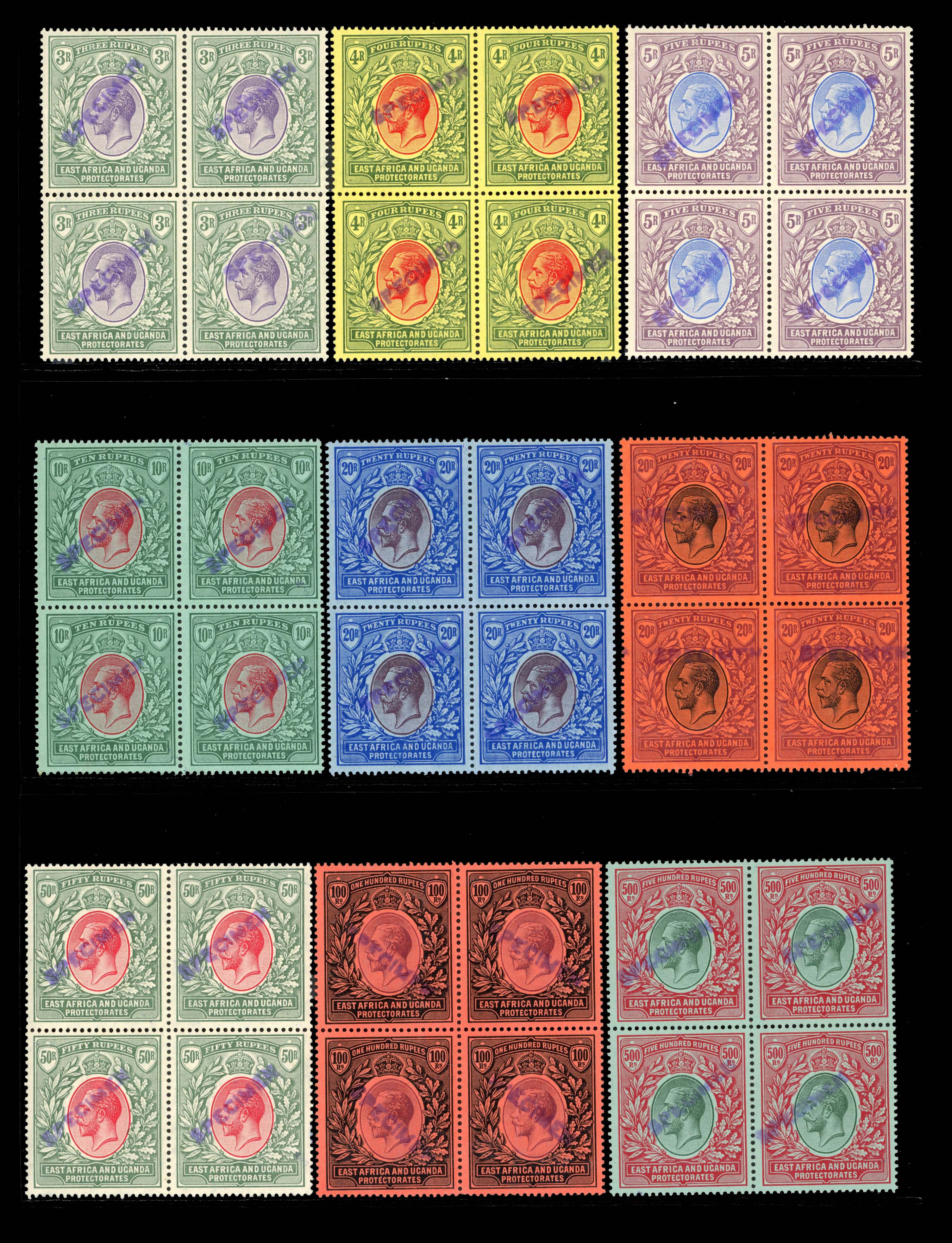 East Africa & Uganda SG 44s-63s 1912-21 set in blocks with local Specimen handstamps