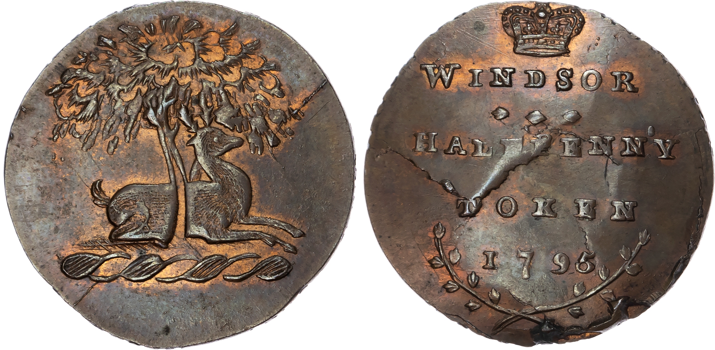 Berks. Windsor, Skidmore's (using Spence’s dies), Halfpenny 1795 Stag under tree crest, rev. legend, crown abo…