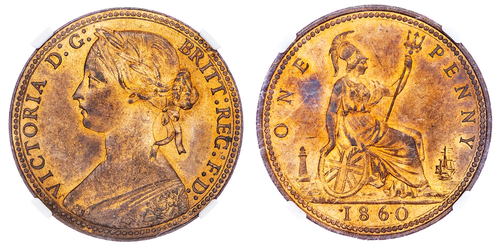 Victoria (1837-1901), Penny, 1860, beaded border. NGC MS64RB