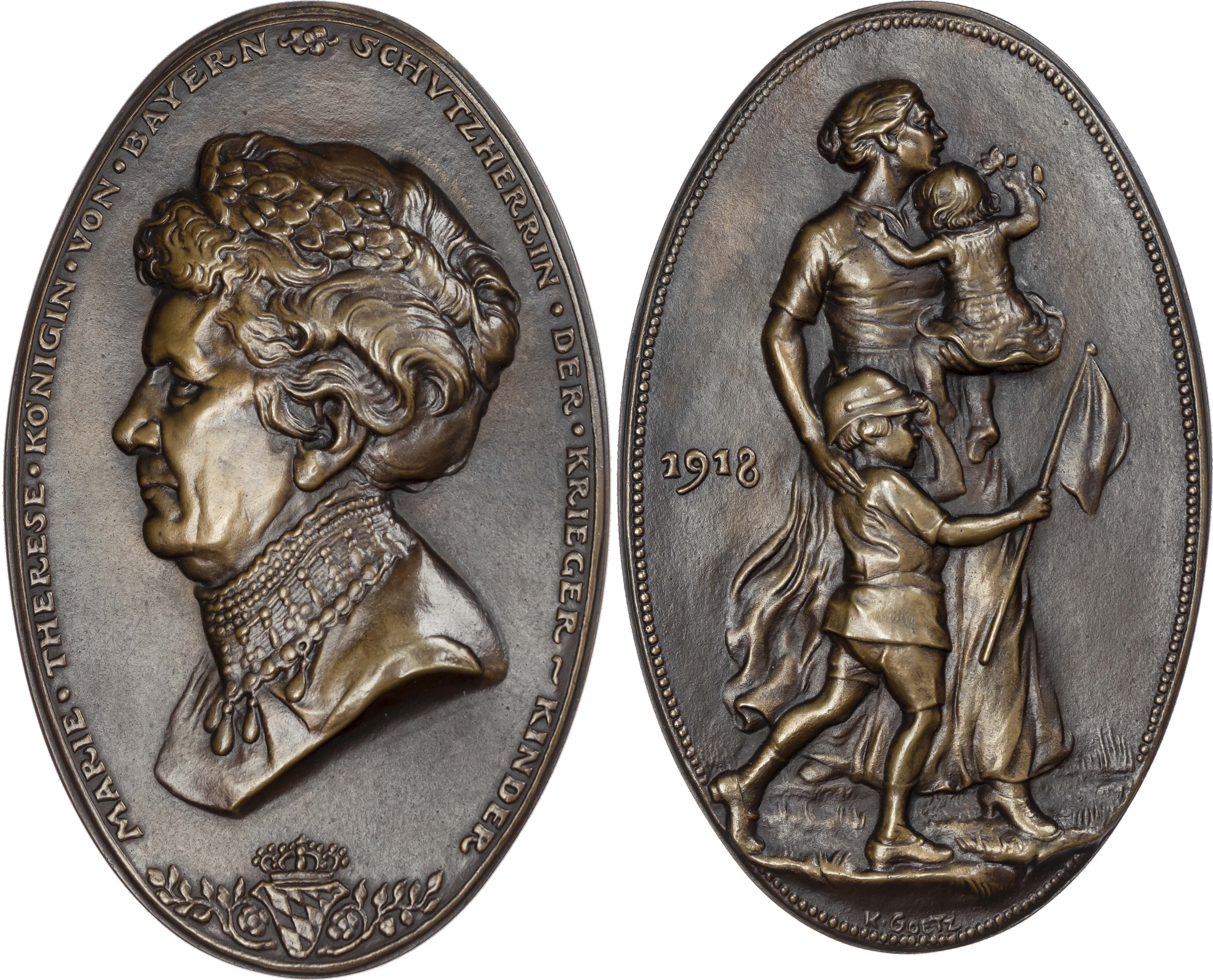 Austria, Maria Theresa, patroness of the warrior child, cast bronze medal (134x84mm/248.57gm) 1918 by K. Goetz.