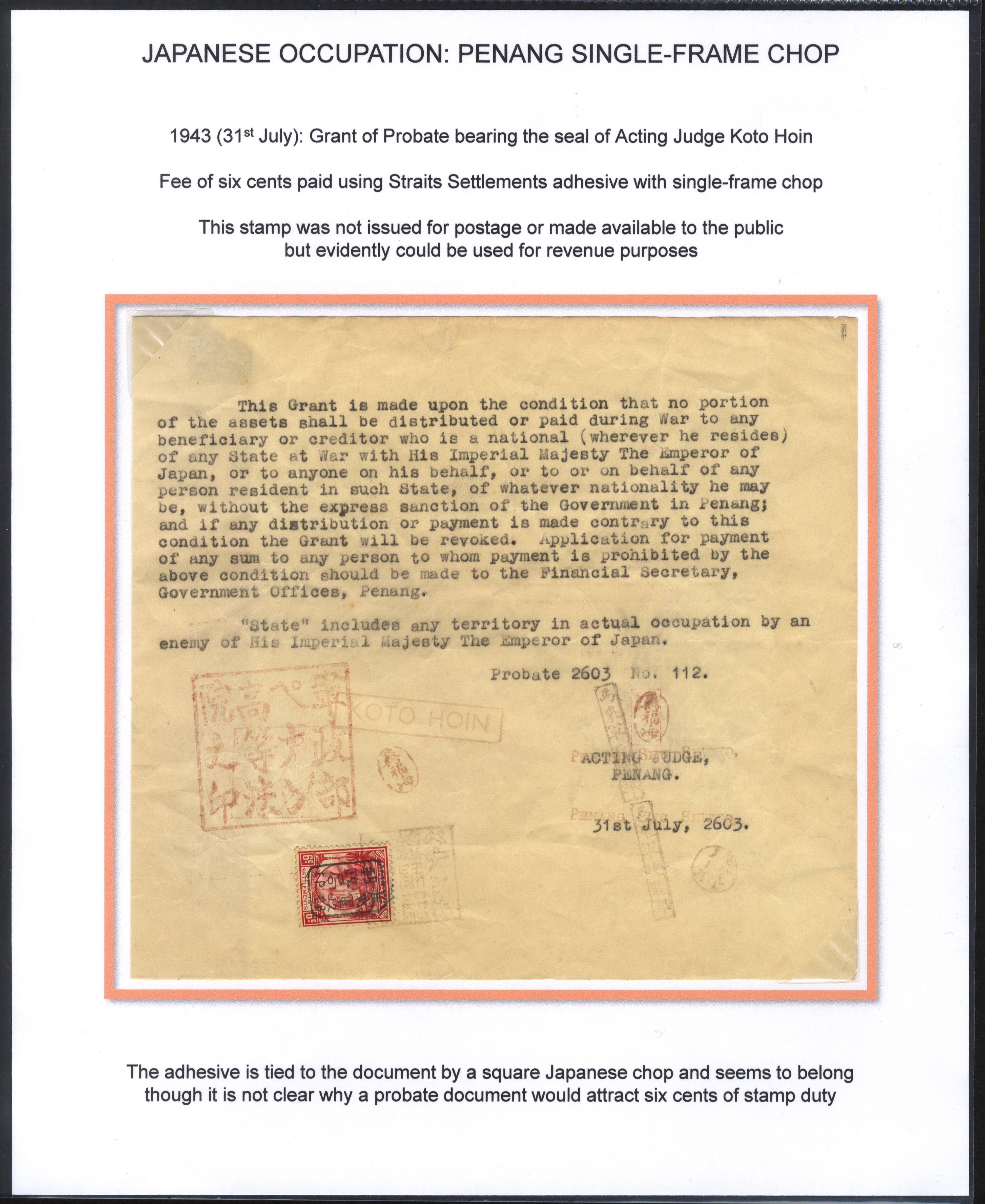 Jap Occ Revenue uses of Postage & Revenue stamps