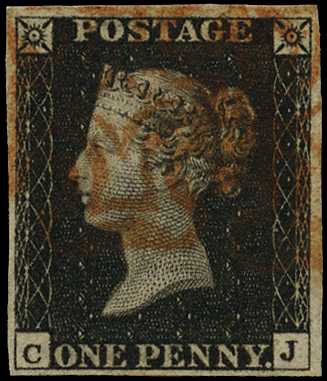 1840 1d black Plate 2 (CJ), four close to...
