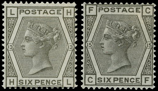 1874-76 6d grey Pl.13 & 6d deep grey Pl.15.