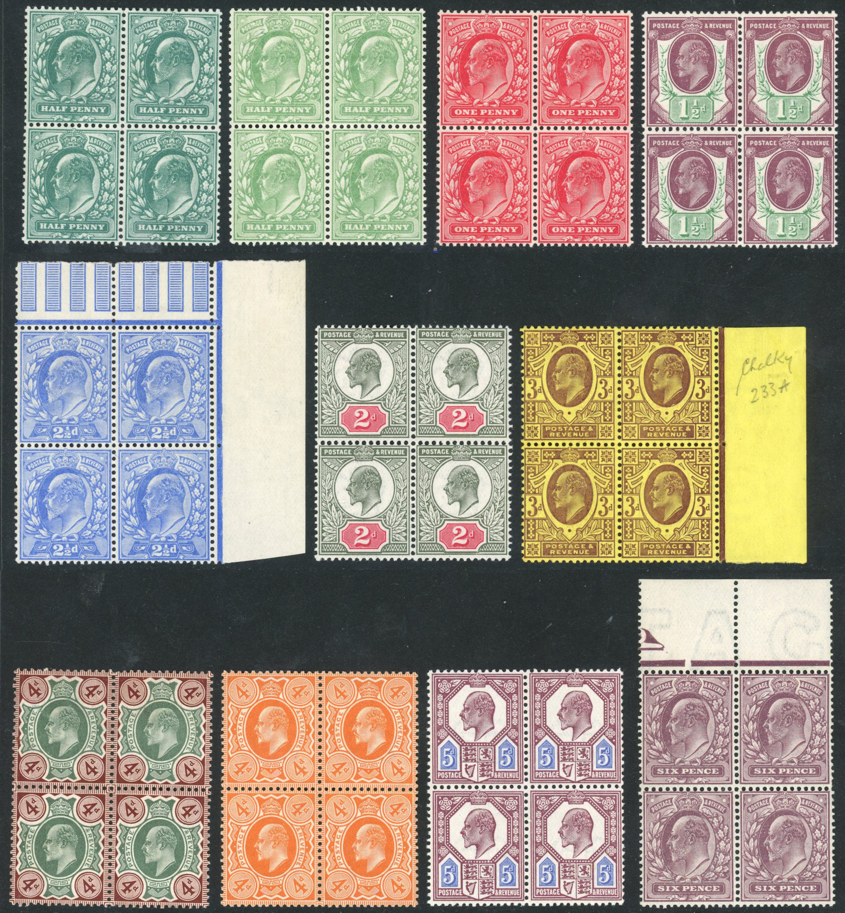 Great britain 1902-10 D.L.R. 1/2d to 1s blocks of 4 full o.g.
