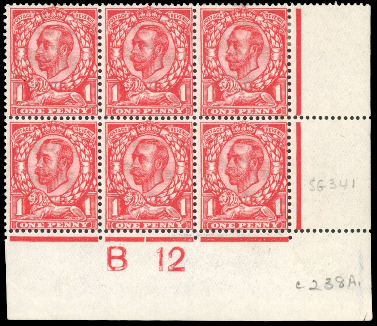 GB 1912 Downey Head, die 2, 1d aniline scarlet (fluorescent), lower right control B 12 block of six, mint